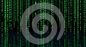Green digital code falling rain background, binary code streams, technology and data concept