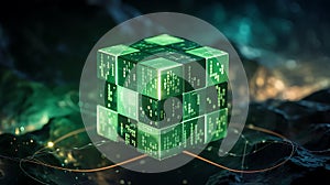Green Digital Cube with Binary Code and Glowing Circuits on Dark Background data technology