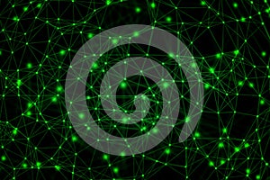 Green digital data and network connection triangle lines for technology concept on black background, 3d abstract illustration