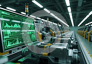 Green digital display screen in a factory assembly line