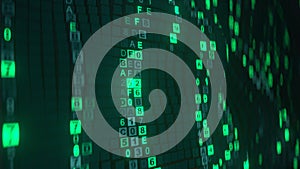 Green digital HEX code rain futuristic technology concept. 3D render