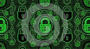 Green digital locks and binary code pattern security concept digital security cybersecurity