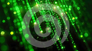 Green digital matrix code raining down on dark background, symbolizing data, programming, and cyberspace