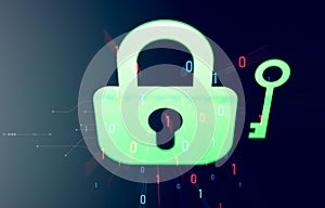 Green digital padlock and key icon with glowing binary digits and circuit lines, representing secure digital access, data
