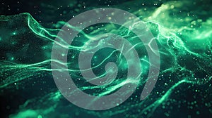 Green digital particles creating an abstract network wave background