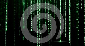Green digital rain of binary code cascades over a dark background