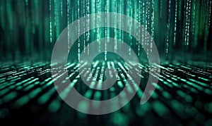 Green digital rain of binary code cascading down, representing data streams and cyber technology.