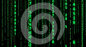 Green digital rain of binary code and numbers on black background, technology abstract