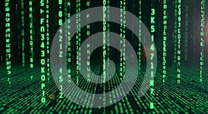 Green digital rain of code falling down, abstract binary data stream, matrix effect, futuristic technology