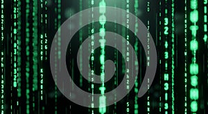 Green Digital Rain Matrix Code Falling Background, Technology and Data Concept