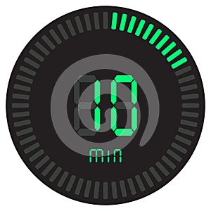 The green digital timer 10 minutes. electronic stopwatch with a gradient dial starting vector icon, clock and watch, timer.