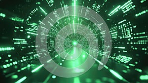 Green digital tunnel displaying data processing and network communication