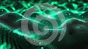 Green digital wave displaying data network particles