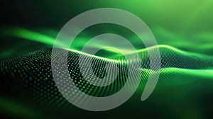 Green digital wave displaying data particles and network connections