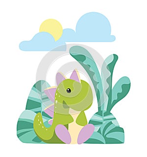 Green dinosaur on the background of green trees. vector illustration