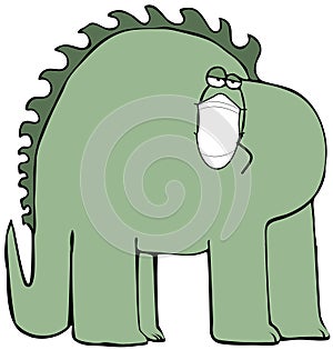 Green dinosaur standing sideways and wearing a face mask