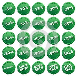 Green discount, isolated sale sticker set, vector illustration