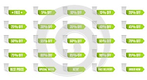 Green discount label set vector for design. 5 10 15 20 25 30 35 40 45 50 55 60 65 70 75 80 85 90 95 percent