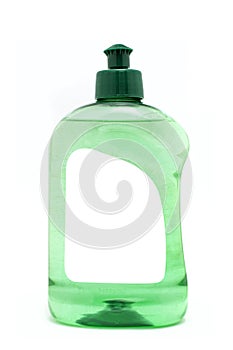 A green dish soap bottle with blank label isolated on white background