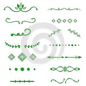 Green Dividers vector on white background. Handdrawn borders. Unique swirl, divider. Ink, brush lines, laurels set.