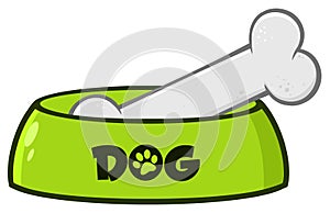 Green Dog Bowl With Animal Food And Bone Drawing Simple Design.