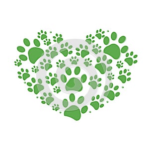 Green dog paw print made of heart vector