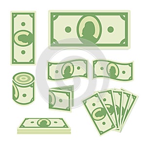 Green dollar banknotes set on white background. Paper money collection. Cash icon. Flat style.