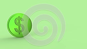 Green dollar coin Isolated on color background. 3d render isolated illustration, business, managment, risk, money, cash, growth,