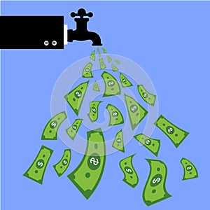 Green dollar fall out of black tap. illustration in flat style on blue background