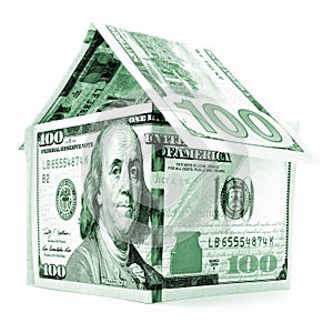 Green dollar house, money building isolated on white background