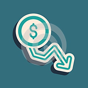 Green Dollar rate decrease icon isolated on green background. Cost reduction. Money symbol with down arrow. Business