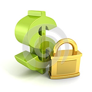 Green dollar symbol with golden padlock. money safety concept