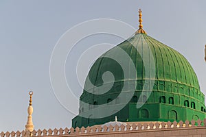 Green Dome of Masjid Nabawi. Prophet's Mosque. Holy Mosque in Medina - Saudi Arabia