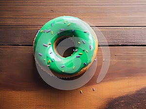 Green donut with multicolor sprinkles on a wooden background