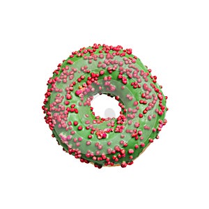 Green donut with red and pink sprinkles on a white background. Isolated