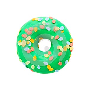 Green donut with sprinkles isolated on white background