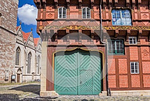 Green door of the historic Alte Waage building in Braunschweig photo
