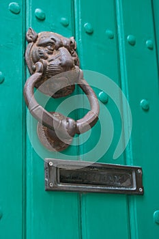 Green door with lion door knocker
