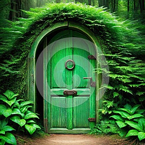 green door in magic forest to an