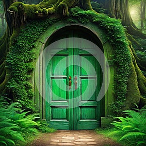 green door in magic forest to an