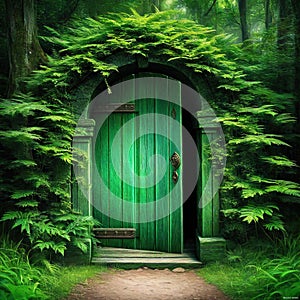 green door in magic forest to an
