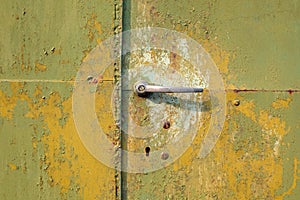 Green door of metal gate with aluminum handle close-up.
