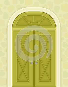 Green Double Door with Rhombus Ornament as Building Entrance Exterior Vector Illustration