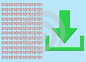 Green download symbol with bits and bytes of zeros and ones data