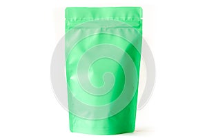 Green doypack standup food packaging pouch with zipper on white background