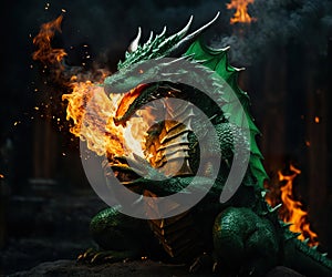 green dragon breathe fire in shape of heart, one head, flame in shape of heart, ai generated
