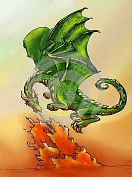 Green dragon breathing fire