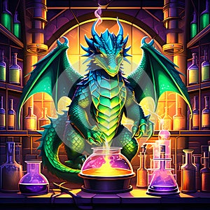 green dragon brewing a magic potion