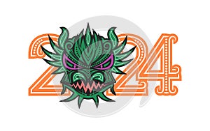 Green dragon is Chinese symbol of New Year 2024. Cute dragon face with year numbers. Greeting card design