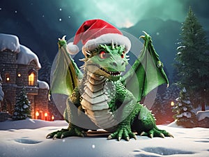 green dragon in a Christmas hat, Merry Christmas card.